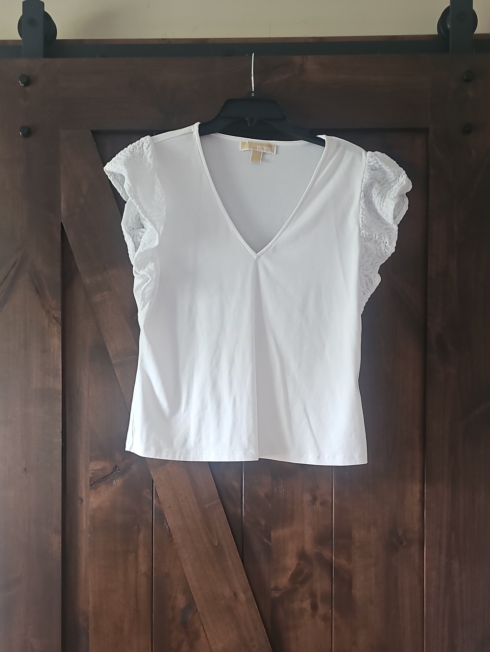 Michael Kors White V-Neck Lace Flutter Sleeve Top